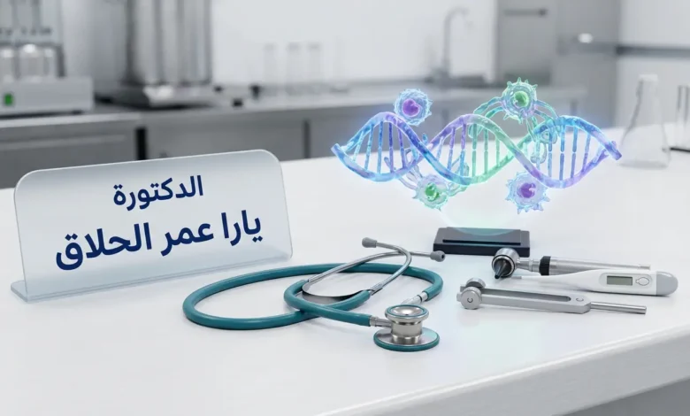 أدوات طبية ومجسم علمي يرمز لاختصاص الدكتورة يارا عمر الحلاق في طب الأطفال والمناعة