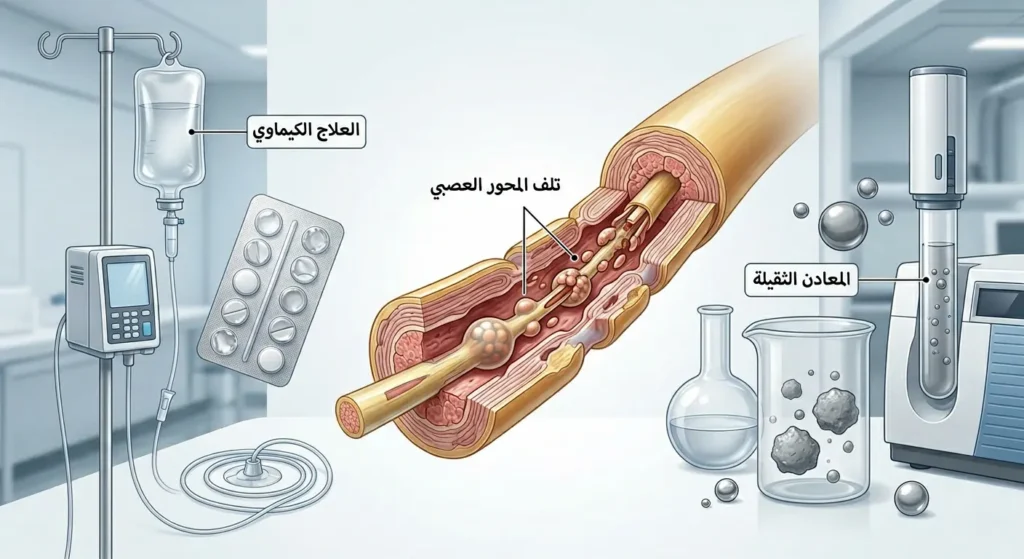 رسم طبي يوضح تلف الأعصاب الطرفية الناتج عن العلاج الكيماوي والتعرض للمعادن الثقيلة مع تأذي المحور العصبي وغمد الميالين