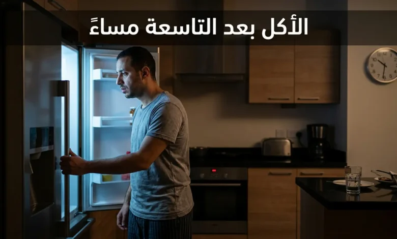 رجل متعب يفتح الثلاجة ليلاً في مطبخ مظلم مع عقارب الساعة تشير إلى العاشرة والنصف