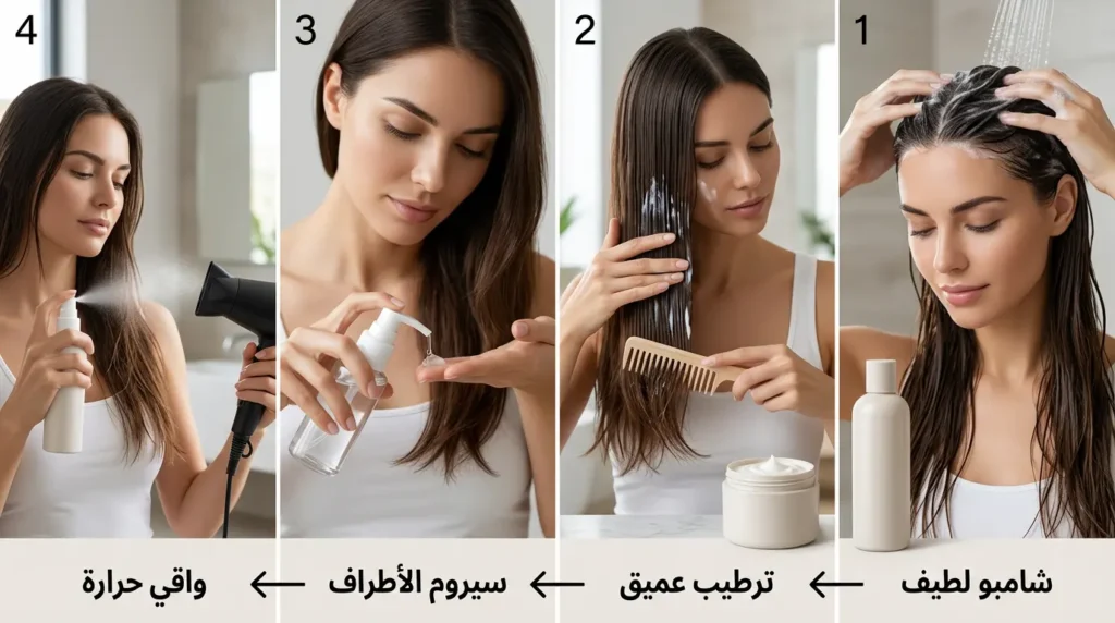 صورة فوتوغرافية مقسمة إلى أربع خطوات توضح روتيناً عملياً لترميم الشعر يشمل الشامبو اللطيف والترطيب العميق وسيروم الأطراف وواقي الحرارة