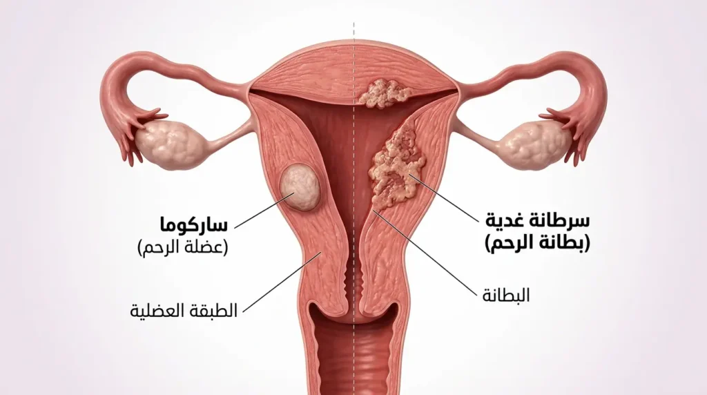 مقطع ثلاثي الأبعاد واقعي للرحم يوضح الفرق بين موقع نشوء السرطانة الغدية في البطانة وساركوما الرحم في الطبقة العضلية