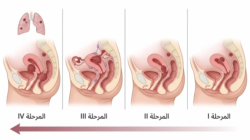رسم طبي واقعي يوضح مراحل سرطان بطانة الرحم الأربع وفق تصنيف FIGO من المرحلة الأولى المحصورة في الرحم إلى المرحلة الرابعة المنتشرة