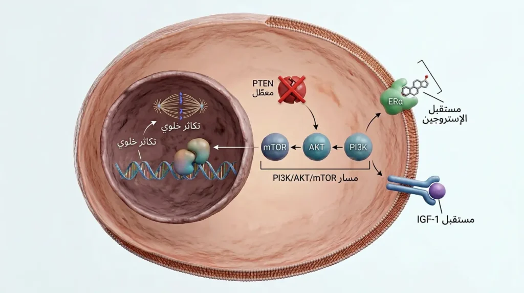 رسم ثلاثي الأبعاد واقعي لخلية بطانة الرحم يوضح المسارات الجزيئية المسببة للسرطان بما فيها مسار PI3K وفقدان PTEN