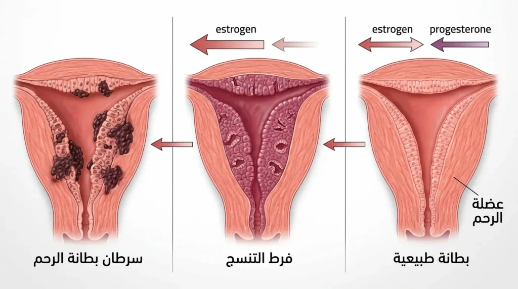 رسم توضيحي طبي واقعي يوضح مراحل تطور بطانة الرحم من الحالة الطبيعية إلى فرط التنسج ثم سرطان بطانة الرحم