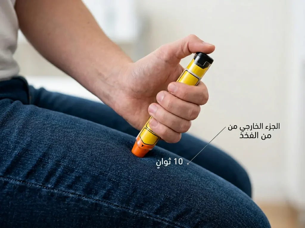 صورة واقعية تعليمية توضح استخدام قلم الإيبينيفرين في الجزء الخارجي من الفخذ.