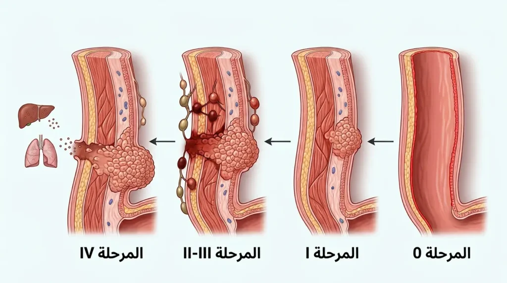 رسم توضيحي يُقارن مراحل سرطان المريء الأربع من المرحلة الصفرية حتى الانتشار البعيد عبر طبقات جدار المريء
