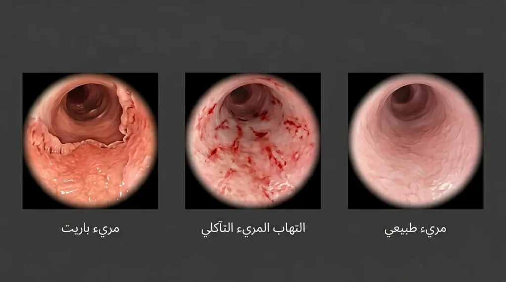 ثلاث مراحل لتلف بطانة المريء من اليمين إلى اليسار: المريء الطبيعي، ثم التهاب المريء التآكلي، ثم مريء باريت