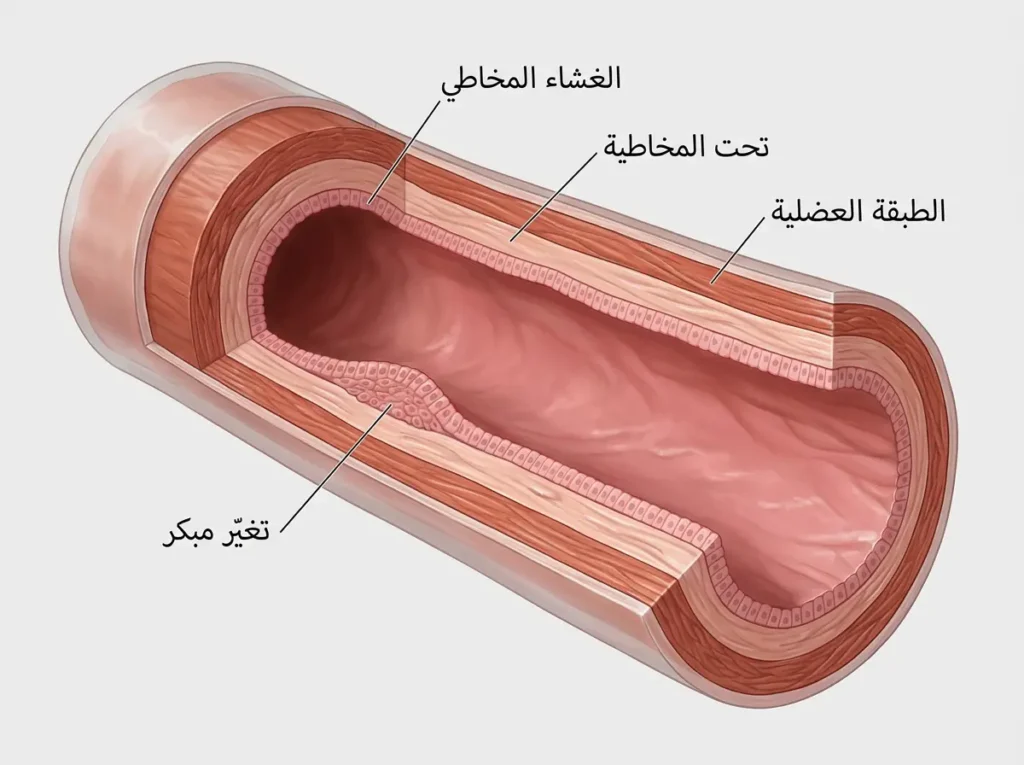 مقطع طولي تشريحي للمريء يُظهر طبقات الجدار الأربع مع منطقة تغيّر مبكر في البطانة المخاطية