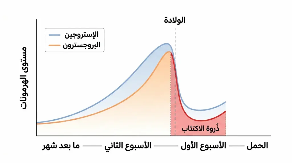 رسم بياني طبي يوضّح الانخفاض الحاد في مستويات الإستروجين والبروجسترون بعد الولادة وعلاقته بذروة اكتئاب ما بعد الولادة