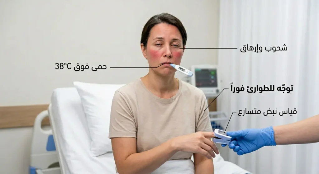 صورة طبية واقعية تُظهر علامات تحذيرية لحمى نقص العدلات في بيئة مستشفى نظيفة