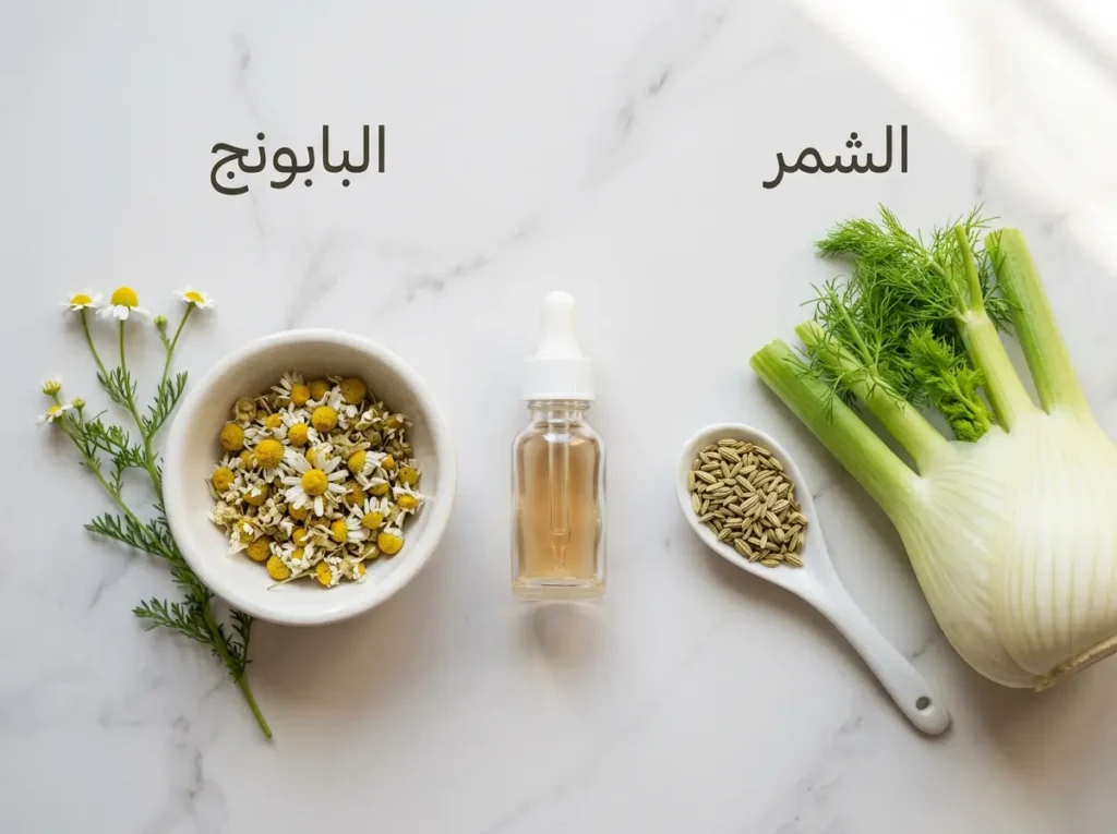 صورة ماكرو لعشبتَي الشمر والبابونج المستخدمتين شعبياً لعلاج مغص الرضع مع التحذير من استخدامهما دون إشراف طبي