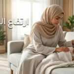 أم عربية تقيس حرارة طفلها النائم بميزان رقمي في غرفة مضاءة بإضاءة طبيعية دافئة مع عبارة ارتفاع الحرارة
