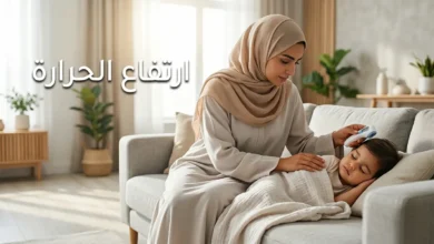 أم عربية تقيس حرارة طفلها النائم بميزان رقمي في غرفة مضاءة بإضاءة طبيعية دافئة مع عبارة ارتفاع الحرارة