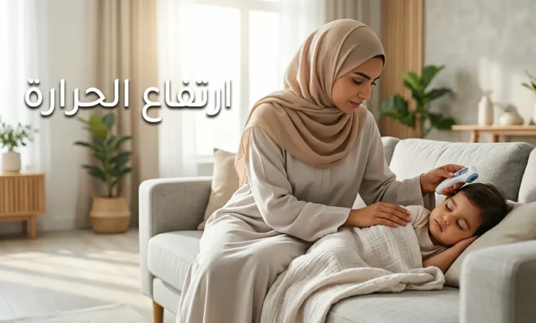 أم عربية تقيس حرارة طفلها النائم بميزان رقمي في غرفة مضاءة بإضاءة طبيعية دافئة مع عبارة ارتفاع الحرارة