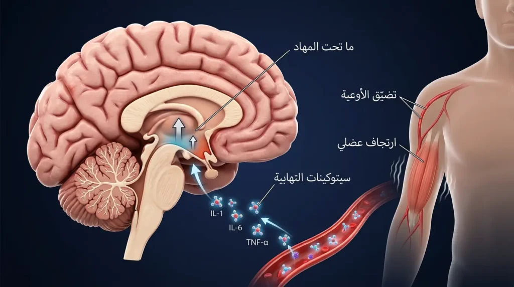 رسم طبي ثلاثي الأبعاد يوضح آلية ارتفاع الحرارة في الجسم عبر تأثير السيتوكينات على منطقة ما تحت المهاد في الدماغ