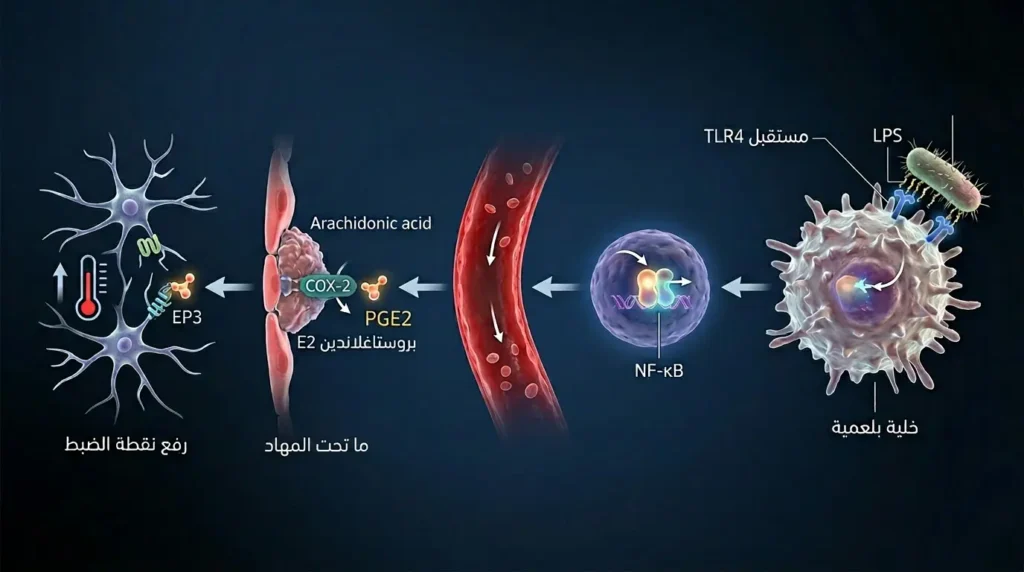 رسم ثلاثي الأبعاد يوضح المسار الجزيئي لحدوث الحمى من مستقبل TLR4 على الخلية البلعمية إلى إنتاج بروستاغلاندين E2 ورفع نقطة الضبط الحرارية