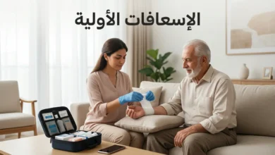 مشهد واقعي نظيف يعبّر عن الإسعافات الأولية داخل منزل مع حقيبة إسعاف ومساحة واضحة لعنوان الغلاف.