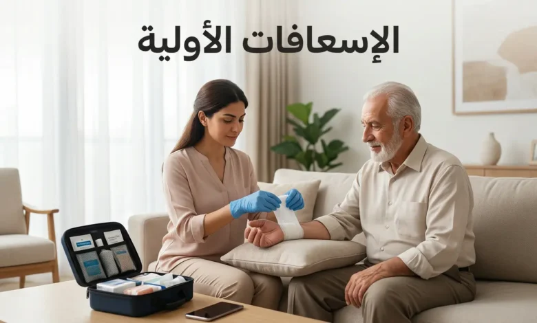 مشهد واقعي نظيف يعبّر عن الإسعافات الأولية داخل منزل مع حقيبة إسعاف ومساحة واضحة لعنوان الغلاف.