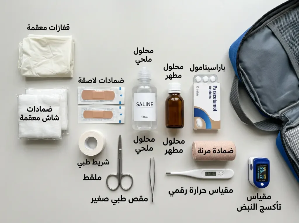صورة واقعية مرتبة لمحتويات حقيبة إسعافات أولية منزلية أساسية على سطح نظيف.