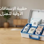 صورة غلاف واقعية لصندوق إسعافات أولية مفتوح ومنظم داخل المنزل مع ظهور عبارة صندوق الإسعافات الأولية بشكل واضح ومتوازن.