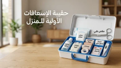 صورة غلاف واقعية لصندوق إسعافات أولية مفتوح ومنظم داخل المنزل مع ظهور عبارة صندوق الإسعافات الأولية بشكل واضح ومتوازن.