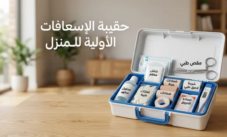 صورة غلاف واقعية لصندوق إسعافات أولية مفتوح ومنظم داخل المنزل مع ظهور عبارة صندوق الإسعافات الأولية بشكل واضح ومتوازن.