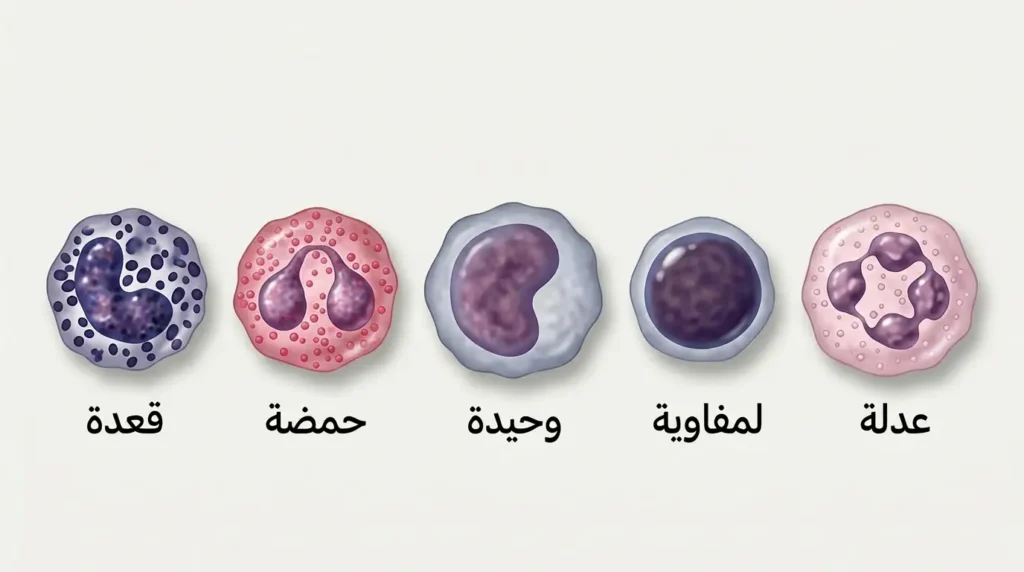 رسم طبي واقعي يُظهر أنواع كريات الدم البيضاء الخمسة بتفاصيل مجهرية دقيقة مع تسميات عربية