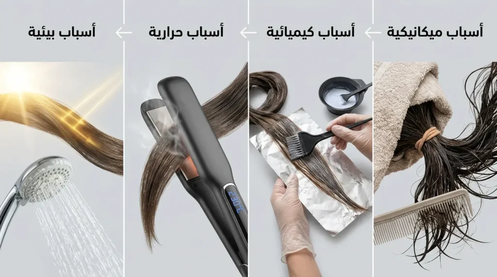 صورة مقسمة إلى أربعة أقسام تعرض الأسباب الرئيسة لتقصف الشعر وهي الأسباب الميكانيكية والكيميائية والحرارية والبيئية