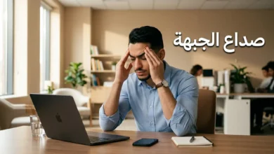 رجل شاب يضغط بيديه على جبهته بسبب صداع الجبهة أثناء العمل المكتبي مع عبارة صداع الجبهة على الصورة