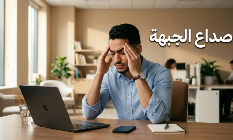 رجل شاب يضغط بيديه على جبهته بسبب صداع الجبهة أثناء العمل المكتبي مع عبارة صداع الجبهة على الصورة