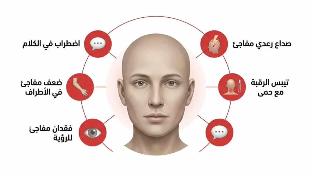 رسم طبي يوضح خمس علامات تحذيرية خطيرة لصداع الجبهة تستدعي التوجه الفوري للطوارئ