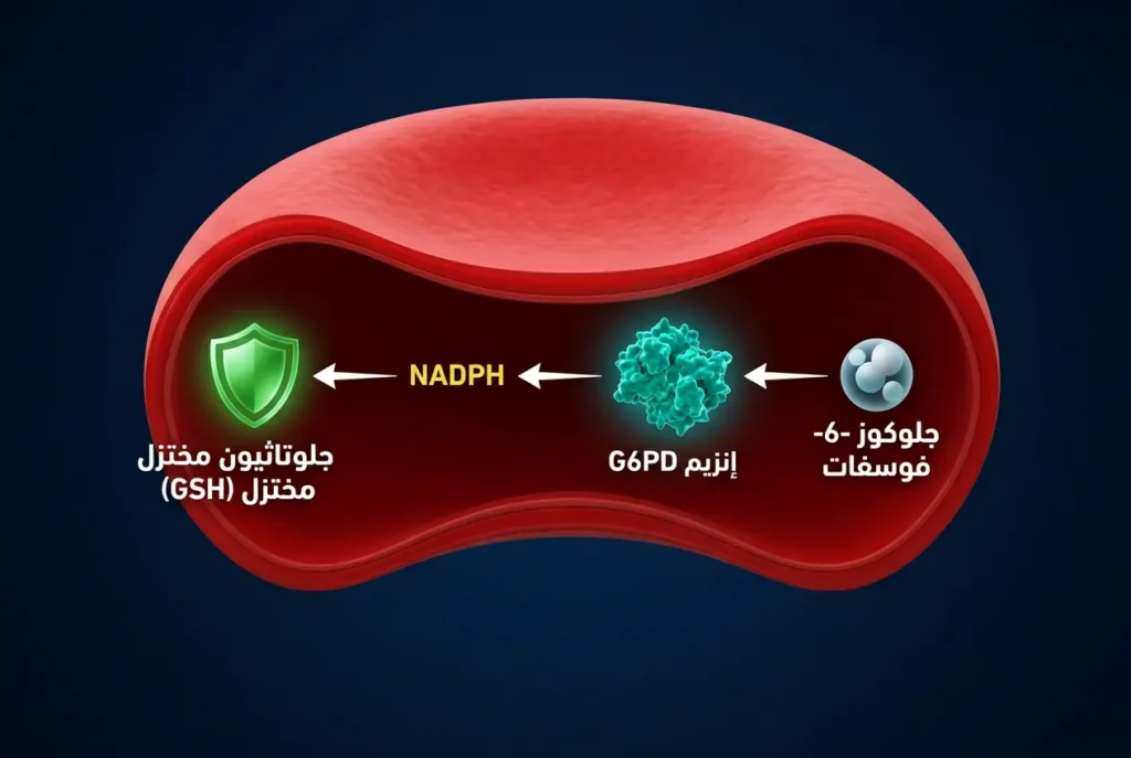 رسم طبي واقعي يوضح دور إنزيم G6PD في مسار البنتوز فوسفات داخل كرية الدم الحمراء