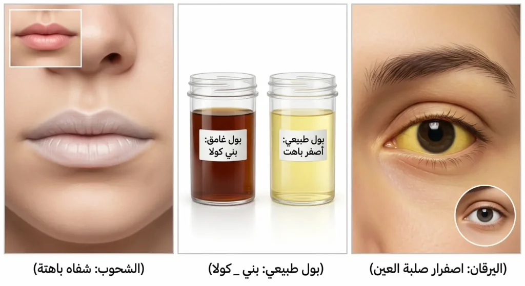 صورة سريرية توضيحية تُظهر علامات تكسر الدم الثلاثة الرئيسية — اصفرار العينين وتغير لون البول وشحوب الشفتين