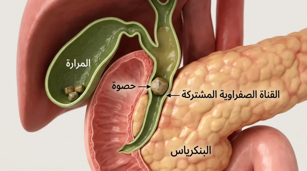 رسم تشريحي ثلاثي الأبعاد يُوضّح حصوة تسدّ القناة الصفراوية المشتركة مع توسّع القناة فوق الانسداد وموقع المرارة والبنكرياس