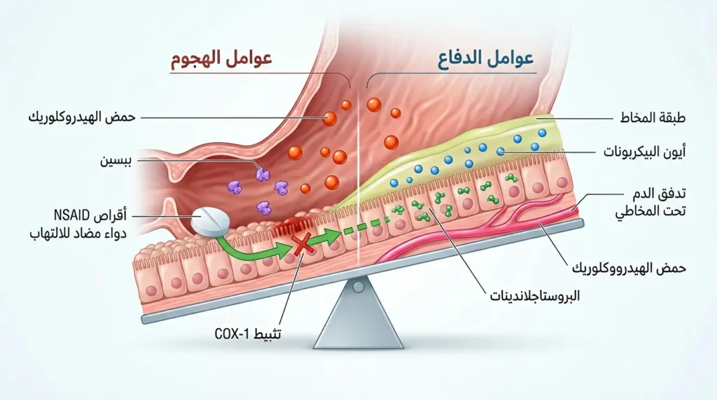 رسم طبي واقعي يوضح التوازن بين عوامل الهجوم وعوامل الدفاع في جدار المعدة وكيف يؤدي تثبيط إنزيم COX-1 بالمسكنات إلى اختلال هذا التوازن