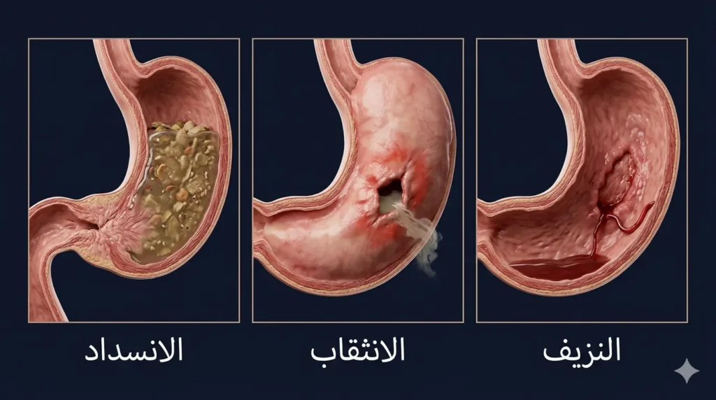 تصوير ثلاثي الأبعاد واقعي يُقارن بين ثلاث مضاعفات رئيسة لقرحة المعدة: النزيف والانثقاب وانسداد مخرج المعدة