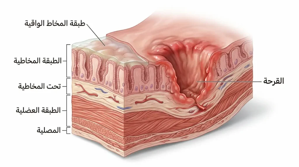 رسم طبي واقعي يوضح مقطع عرضي لجدار المعدة بطبقاته الأربع مع قرحة تخترق الطبقة المخاطية وتصل لتحت المخاطية