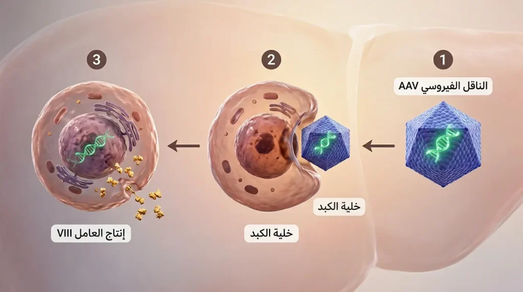 تصيير ثلاثي الأبعاد يوضّح آلية العلاج الجيني للهيموفيليا عبر ثلاث مراحل من إدخال الجين بالناقل الفيروسي إلى إنتاج خلية الكبد للعامل الثامن