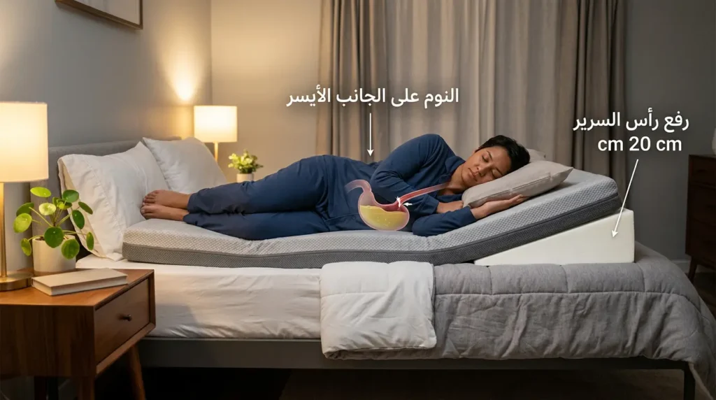 وضعية النوم المثلى لمرضى ارتجاع المريء: النوم على الجانب الأيسر مع رفع رأس السرير بمقدار 15 إلى 20 سنتيمتراً