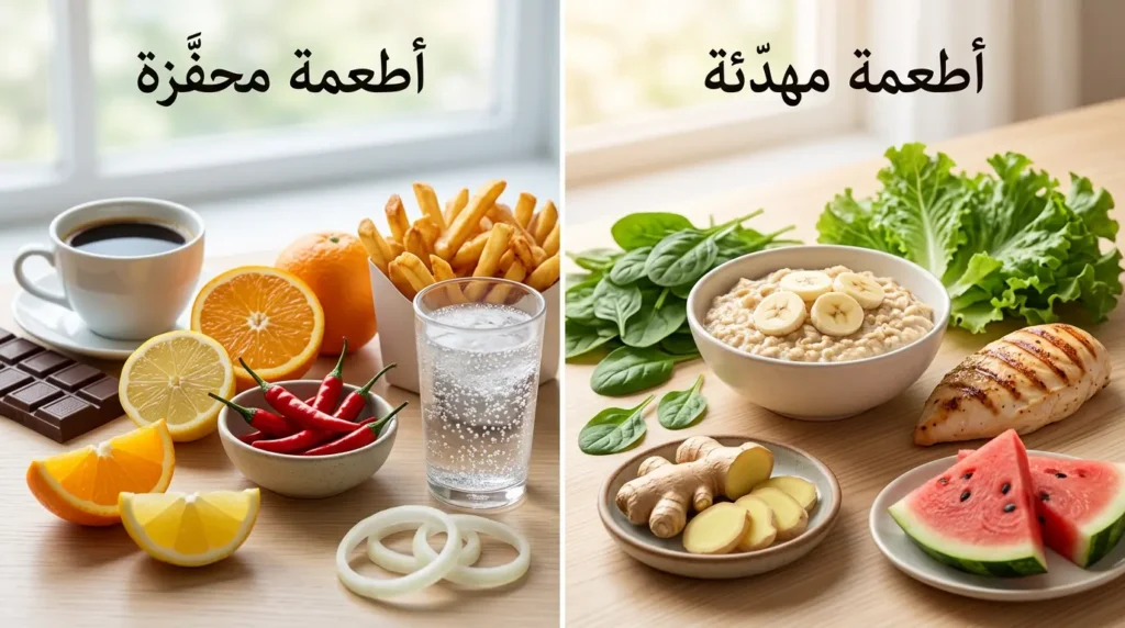 مقارنة بصرية بين الأطعمة المهدّئة لارتجاع المريء مثل الشوفان والموز والخضروات والأطعمة المحفّزة للارتجاع مثل القهوة والشوكولاتة والحمضيات