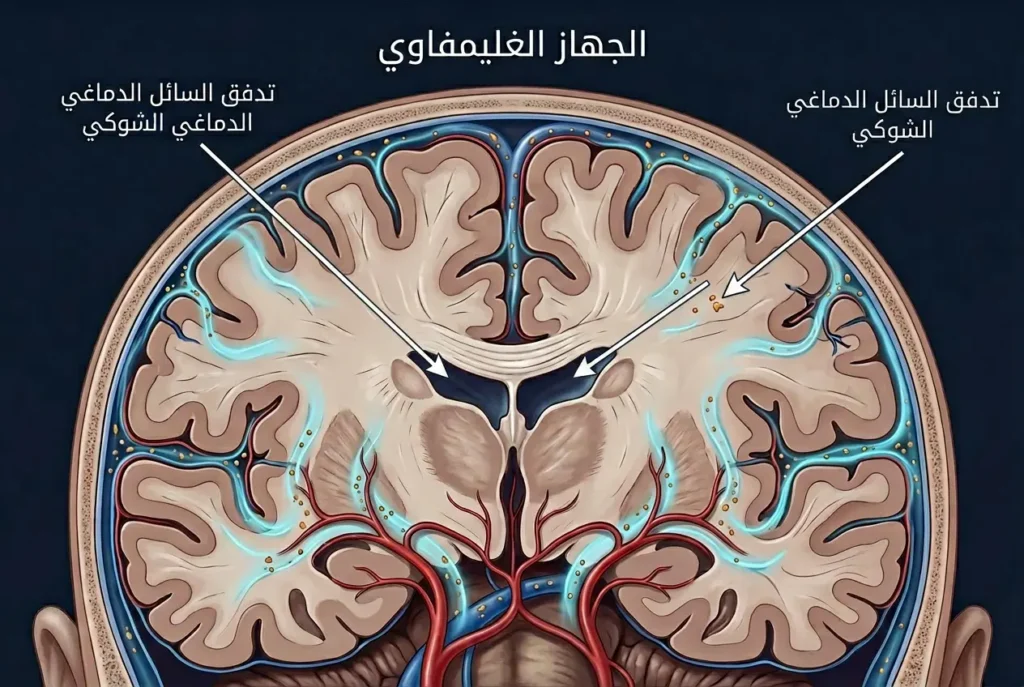 رسم طبي يوضح عمل الجهاز الغليمفاوي في تنظيف الدماغ من الفضلات أثناء النوم
