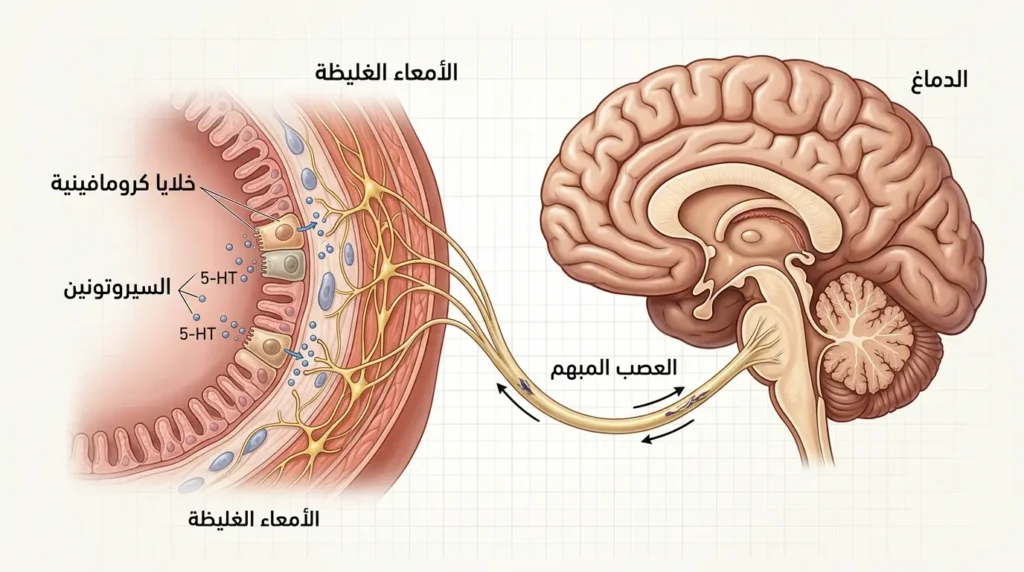 رسم طبي واقعي يوضح المحور الدماغي المعوي والتواصل ثنائي الاتجاه بين الدماغ والأمعاء عبر العصب المبهم وإفراز السيروتونين من الخلايا الكرومافينية