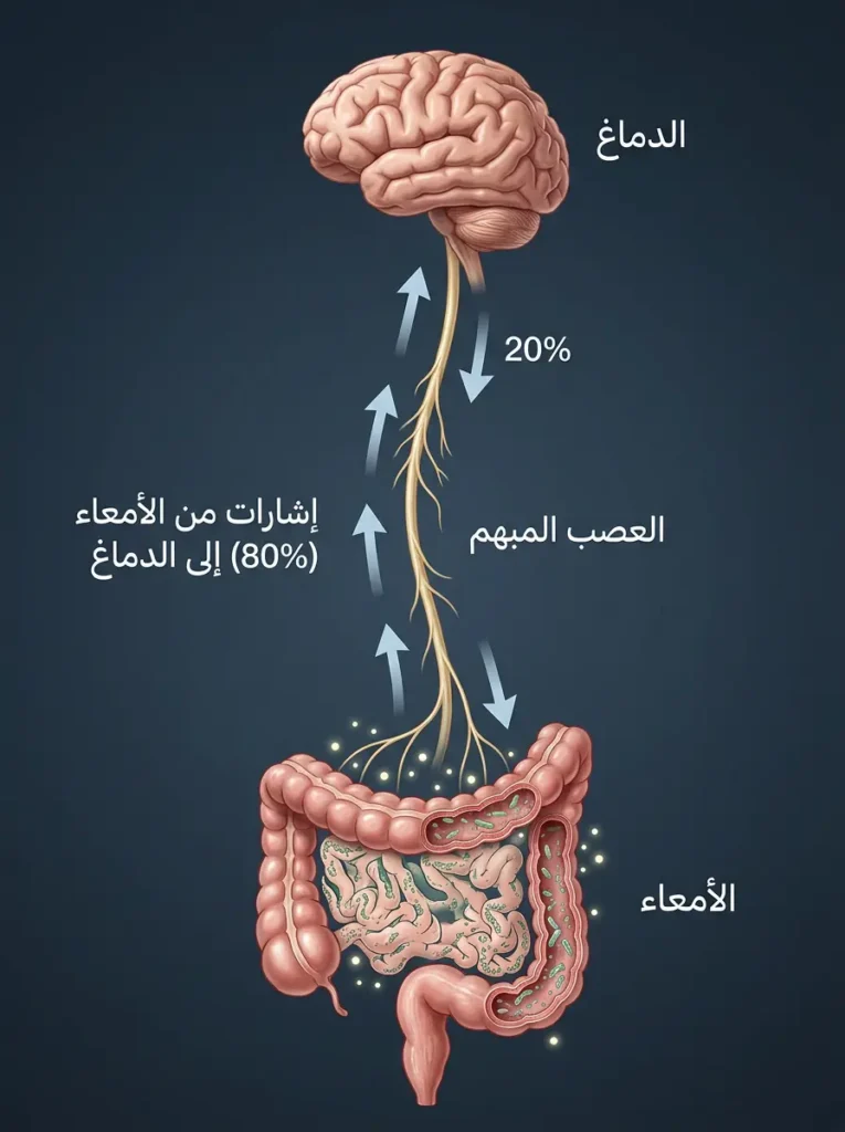 رسم طبي واقعي يوضح محور الأمعاء والدماغ عبر العصب المبهم مع اتجاه الإشارات العصبية