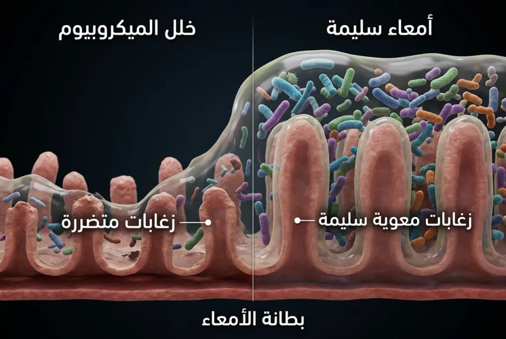 مقارنة تشريحية ثلاثية الأبعاد بين أمعاء صحية وأمعاء تعاني من خلل الميكروبيوم