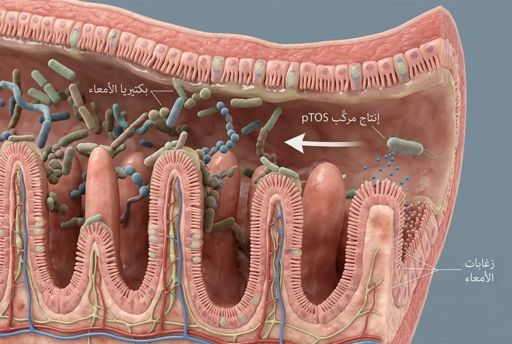 رسم طبي مجهري يوضّح كيف تُنتج بكتيريا أمعاء الأفعى مركّب pTOS من حمض التيروزين