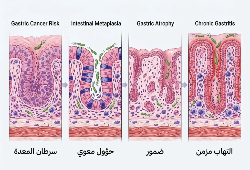 رسم طبي يوضح تطور أذية بطانة المعدة من الالتهاب المزمن إلى الضمور ثم الحؤول المعوي وصولاً إلى خطر سرطان المعدة.