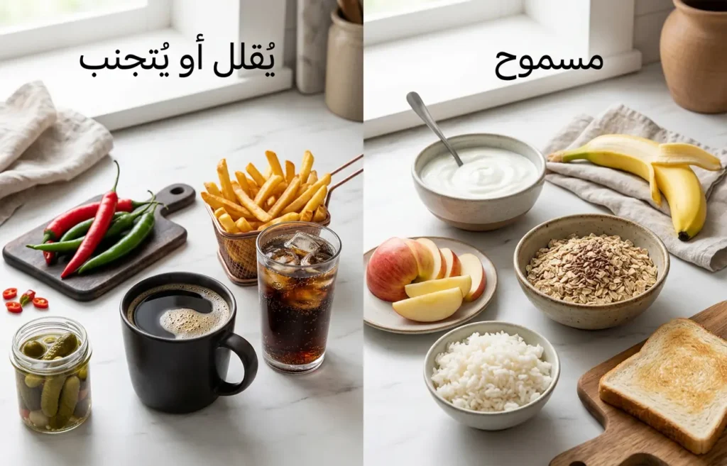 صورة غذائية احترافية تقارن بين الأطعمة اللطيفة على المعدة والأطعمة التي قد تهيّج أعراض جرثومة المعدة.