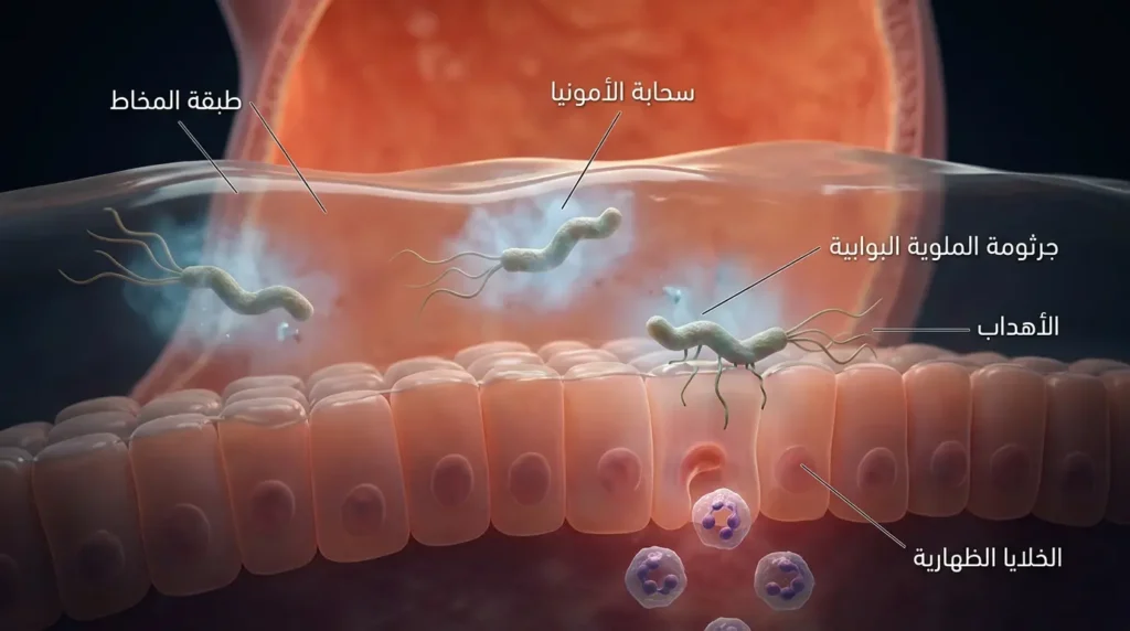 تصوير ثلاثي الأبعاد واقعي يُظهر آلية اختراق جرثومة الملوية البوابية لطبقة المخاط المعدي وإفرازها سحابة أمونيا لتحييد الحمض