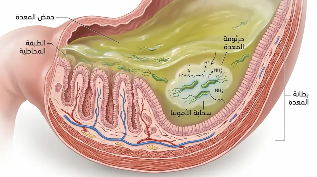 رسم توضيحي لآلية بقاء جرثومة المعدة في حمض المعدة
