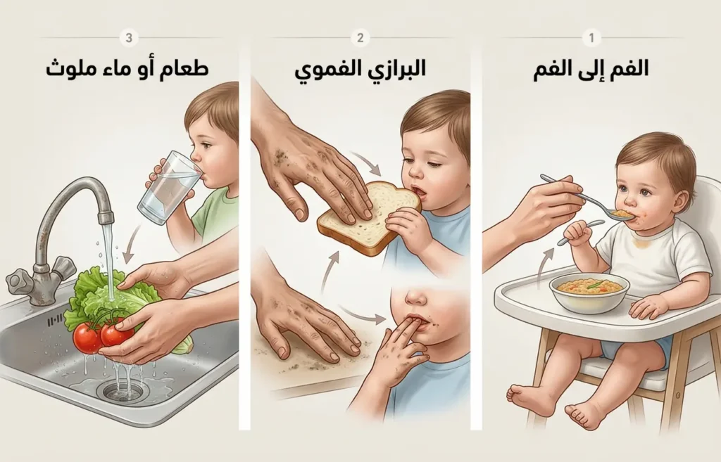 إنفوجرافيك طبي واقعي يوضح طرق انتقال جرثومة المعدة عبر اللعاب أو التلوث البرازي الفموي أو الطعام والماء الملوثين.